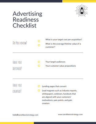 Screenshot from Sarah Best Strategy's Advertising Readiness Checklist. Sections include 