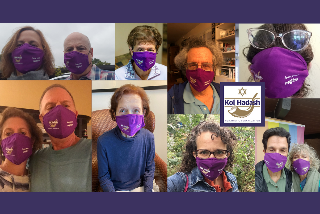 A photo collection of Kol Hadash members wearing the same masks is shown.