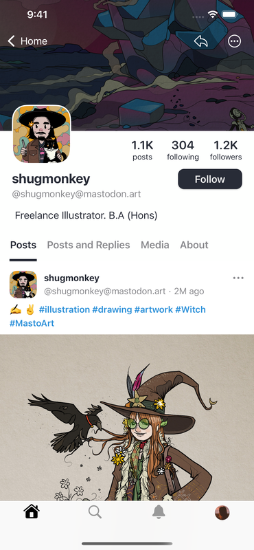 Screenshot of user “shugmonkey”’s Mastodon profile. The user is a member of the mastodon.arts server, has 1.2k followers, and has a bio that says “Freelance Illustrator. B.A. (Hons).”