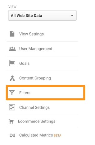 Where to find Filters in the admin panel of your Google Analytics report.