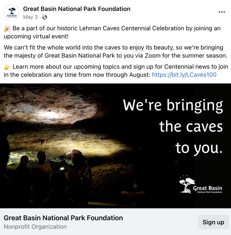 A May 3 Facebook post from Great Basin National Park Foundation. Pictured is an image of people with flashlights exploring the inside of one of the Lehman Caves. Large text at right reads 
