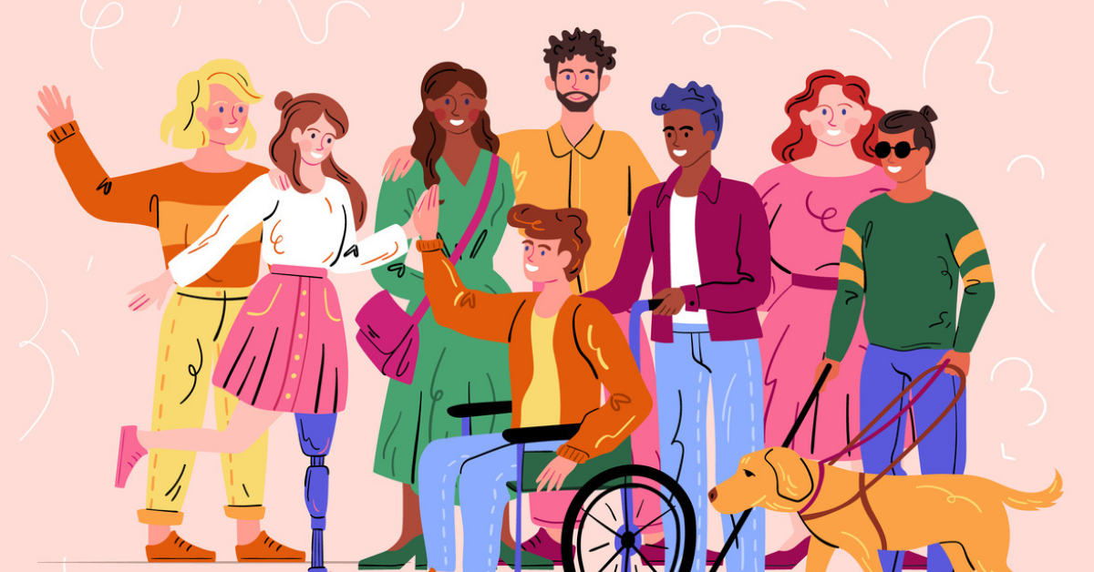 A cartoon of a diverse group of people standing together and smiling.