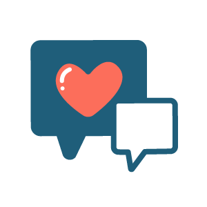 Two digital speech bubbles, a like and a comment, hover together.
