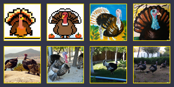 Eight images of turkeys generated by DALL-E. 