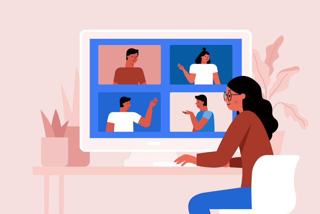 An illustration of a woman in front of a video conference.